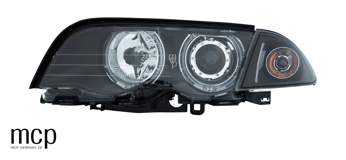 MCP 031242 – Angel Eyes Scheinwerfer mit Frontblinkern BMW 3er E46 Limousine/Touring Schwarz – Bisherige Frontansicht mit Frontblinker