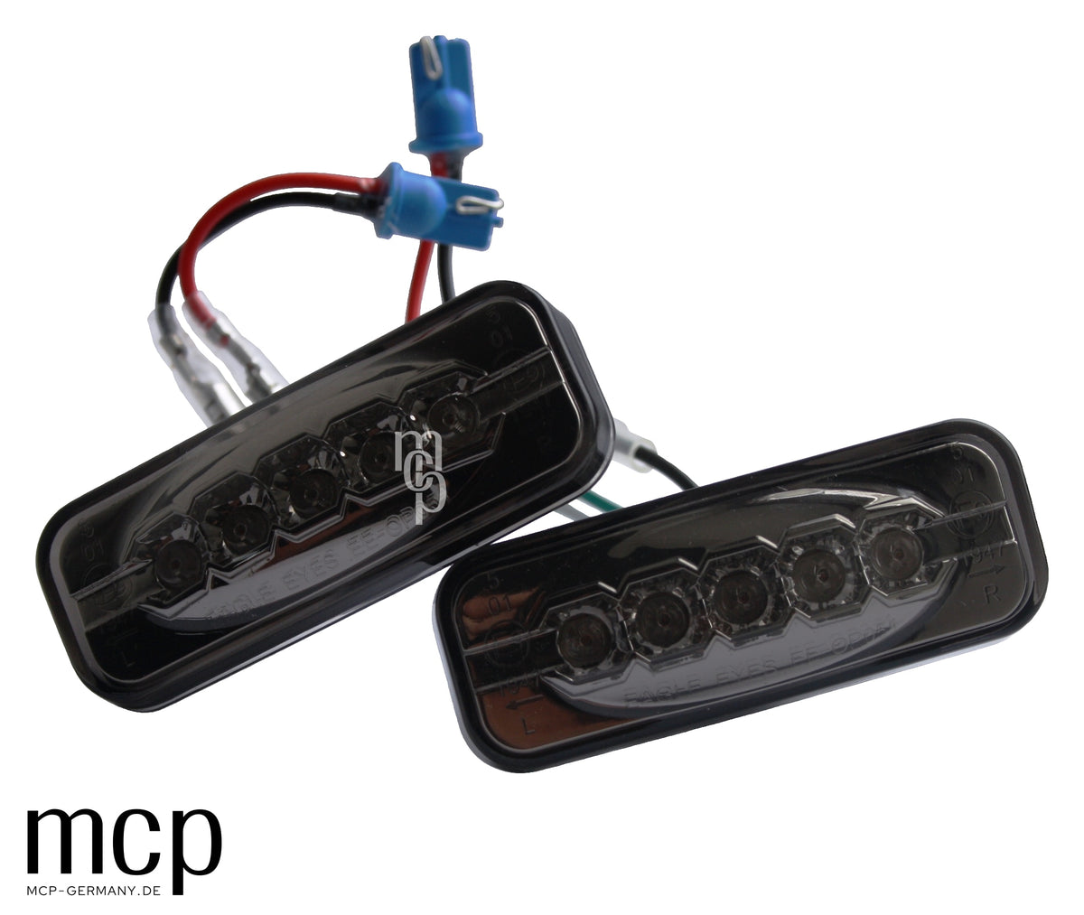 MCP 292016 – Opel Omega B LED Seitenblinker Klar/Smoke – Zusätzliche echte Paaraufnahme mit Anschlussleitungen