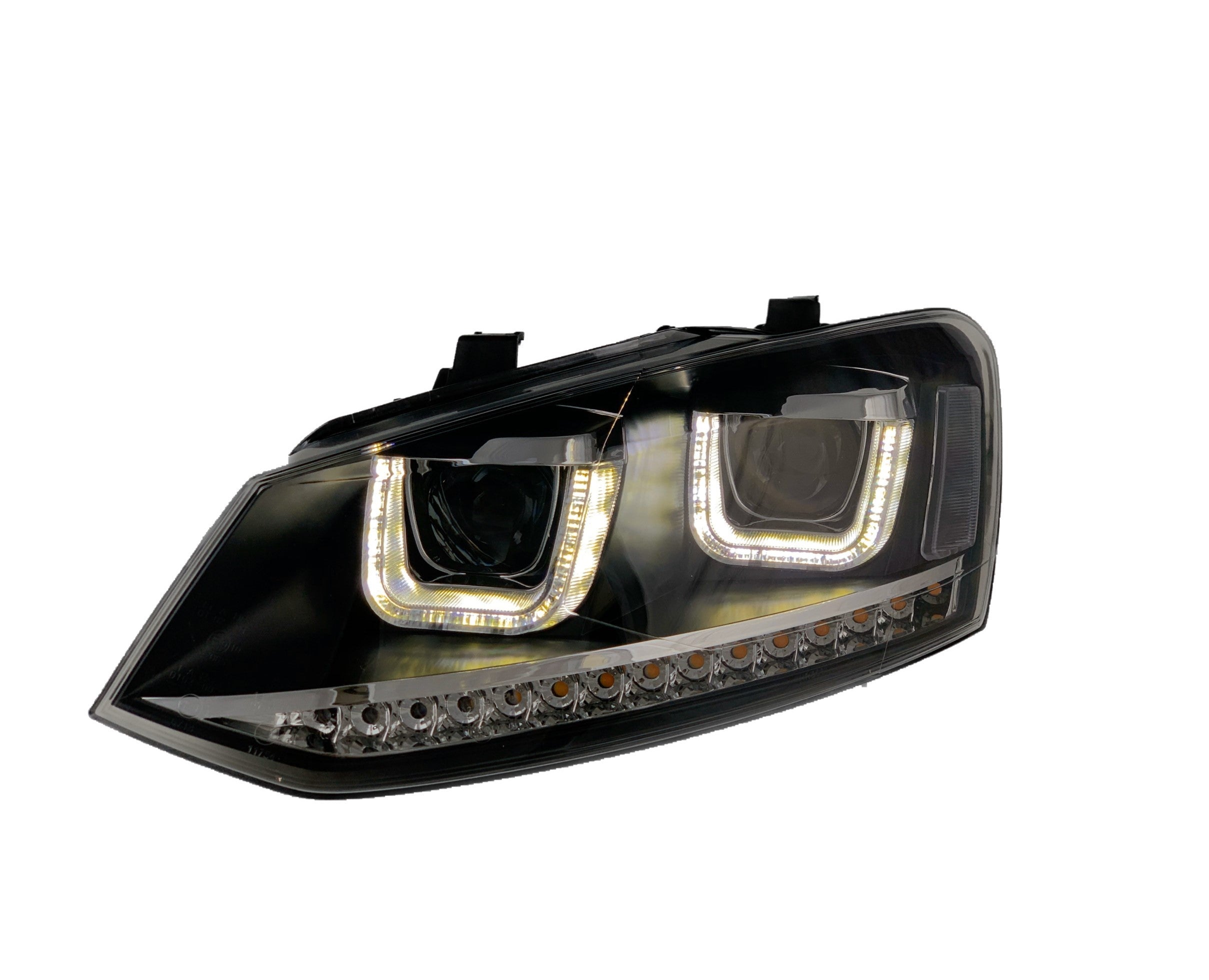 RHD Scheinwerfer für VW Polo 6R/6C, schwarz/New-Look+LED-Blinker