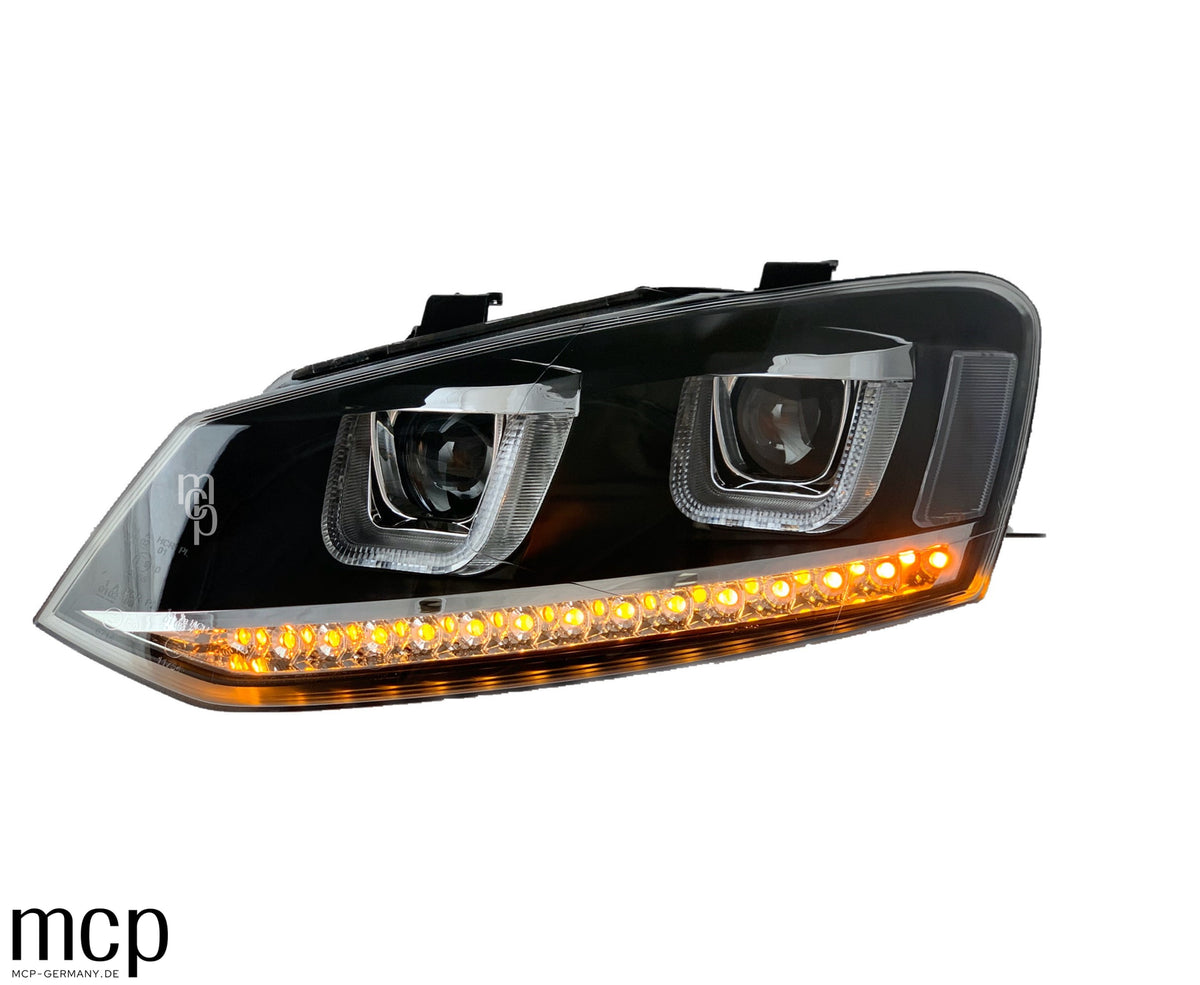 MCP 441229 – VW Polo 6R/6C Scheinwerfer Schwarz – Studiofront mit eingeschaltetem LED-Blinker