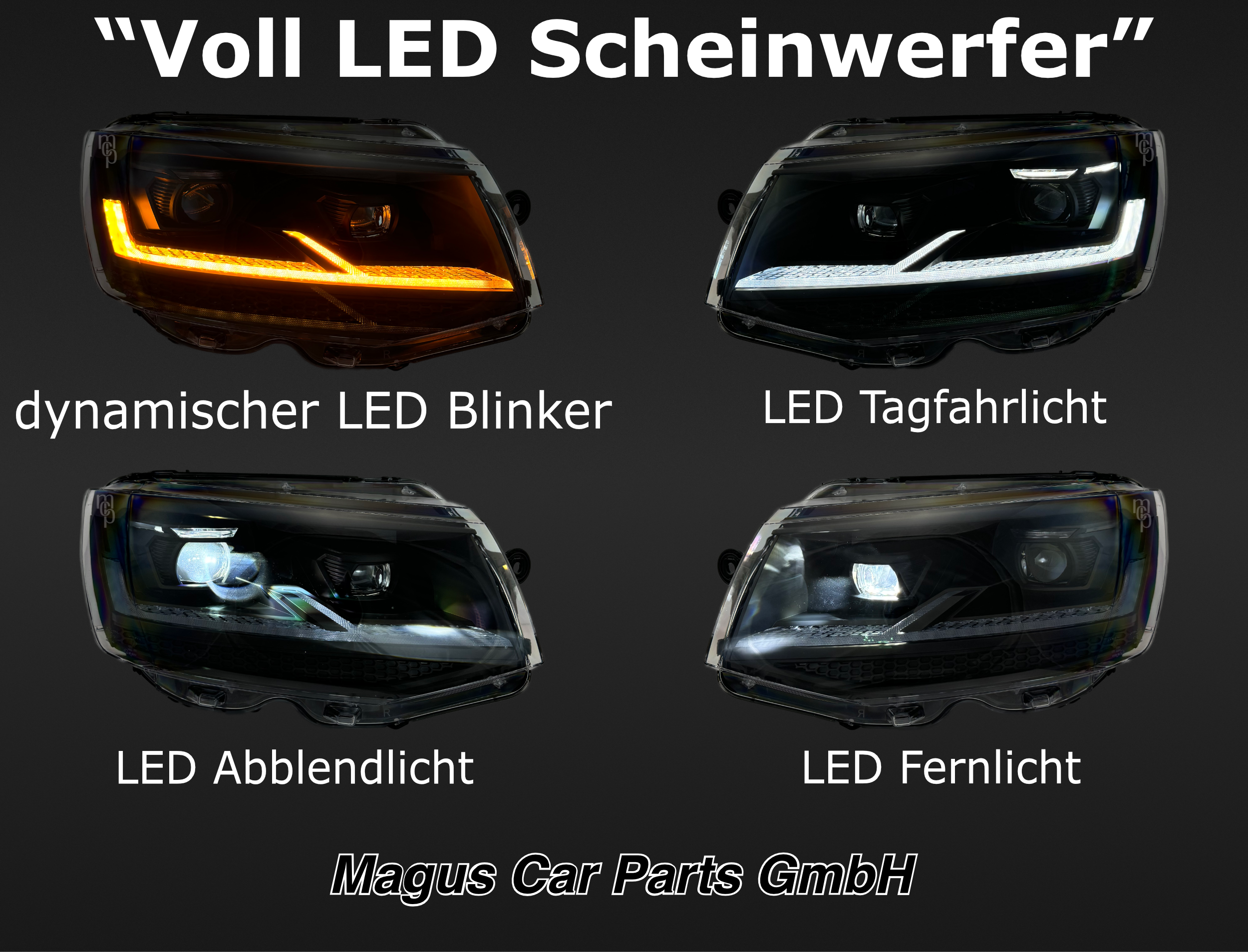 Voll LED Scheinwerfer Set für VW T6 (2015–2019) Schwarz - DRL, dyn. Blinker (H7)
