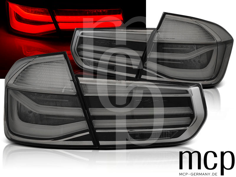 LED Lightbar Rückleuchten Set für BMW 3er F30 F35 (10/11–10/15) in Smoke mit Schwarz/Chrom-Elementen
