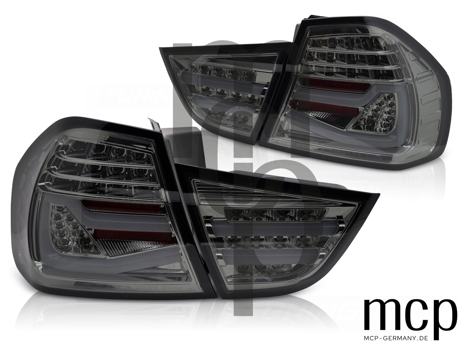 Voll LED Lightbar Rückleuchten Set für BMW 3er E90 Limousine (09/08 bis 06/12) in Smoke mit Dynamischem Blinker