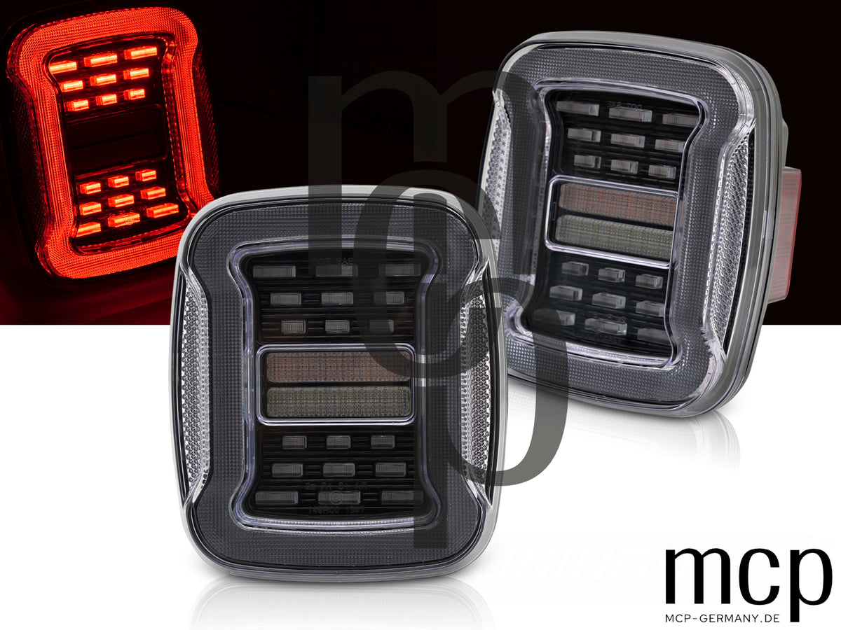 VOLL LED Rückleuchten Set für Jeep Wrangler YJ (1991 bis 1996) und TJ (1996 bis 2006) in Klar mit dynamischen Blinkern