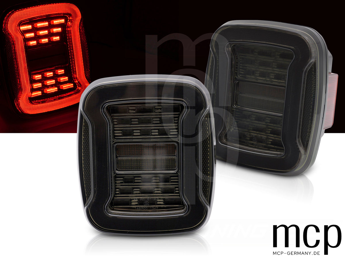 VOLL LED Rückleuchten Set für Jeep Wrangler YJ (1991 bis 1996) und TJ (1996 bis 2006) in Smoke mit dynamischen Blinkern