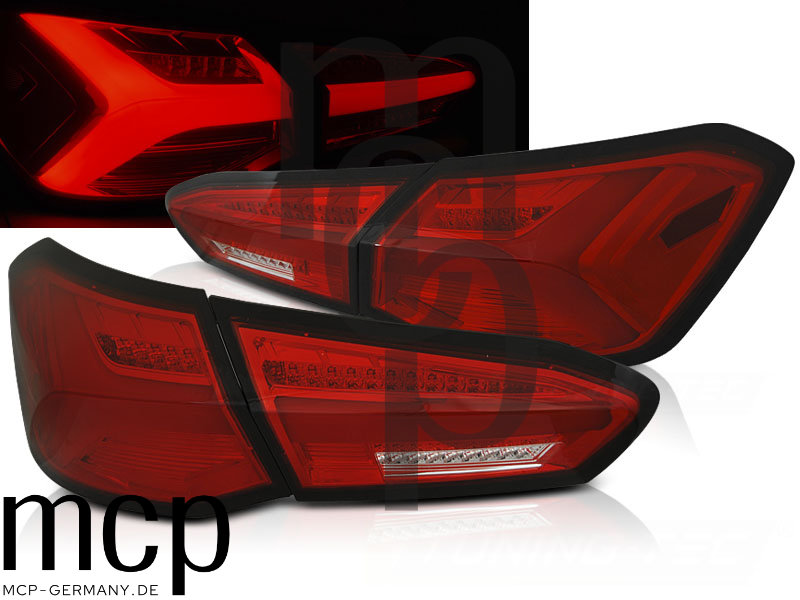 Voll LED Lightbar Rückleuchten Set für Ford Focus MK4 Fließheck (04/2018 bis 10/2021) in Rot/Chrom mit dynamischem Blinker