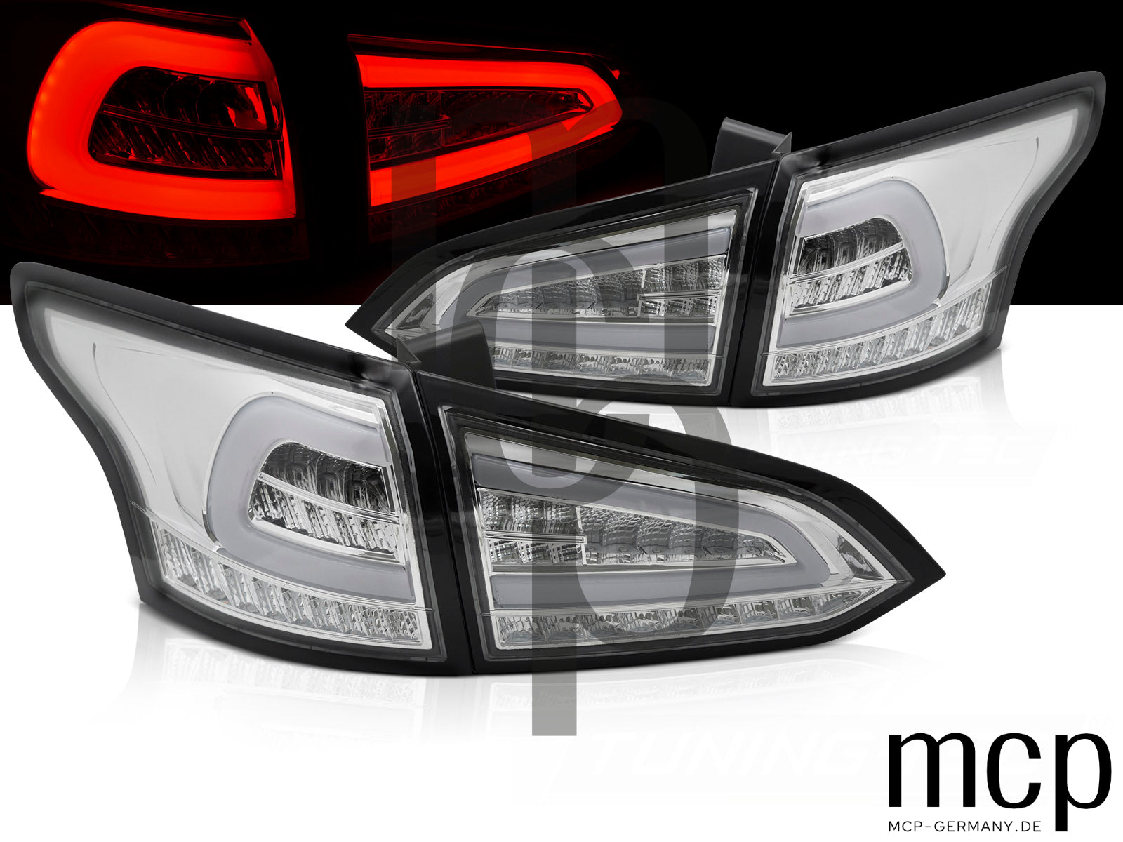 Voll LED Lightbar Rückleuchten Set für Ford Focus MK3 Turnier (01/2011-12/2018) in Chrom mit Dynamischem Blinker