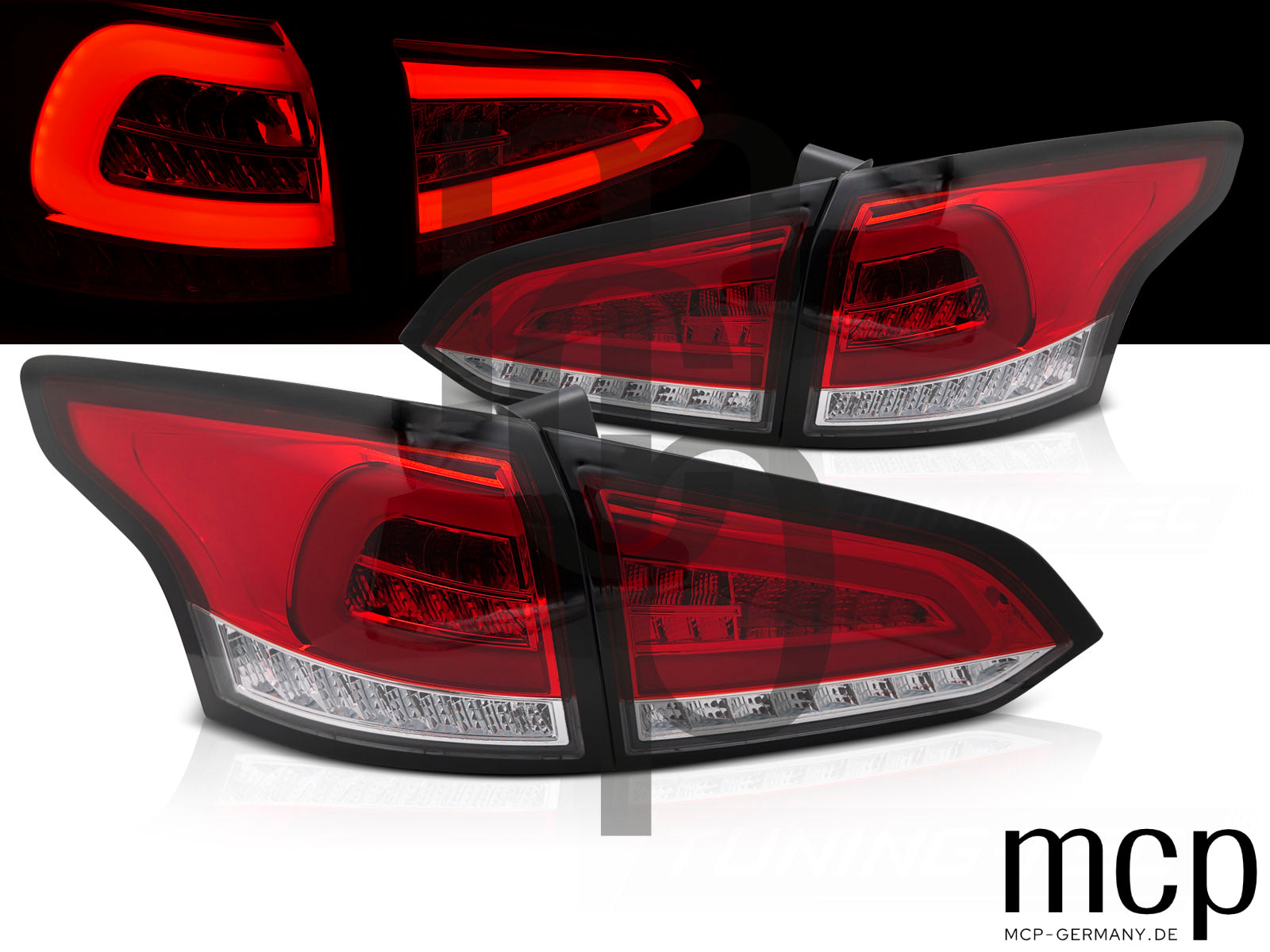 Voll LED Lightbar Rückleuchten Set für Ford Focus MK3 Turnier (01/2011-12/2018) in Rot/Klar mit Dynamischem Blinker