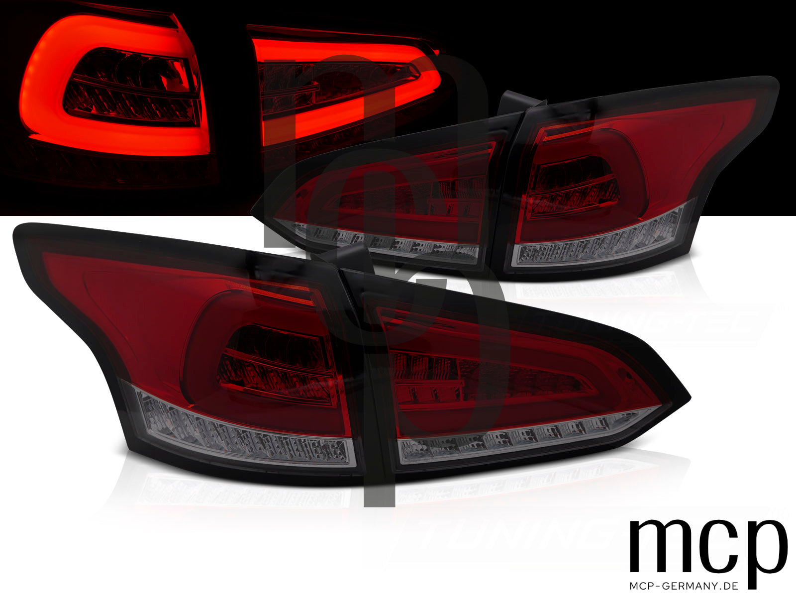 Voll LED Lightbar Rückleuchten Set für Ford Focus MK3 Turnier (01/2011-12/2018) in Rot/Smoke mit Dynamischem Blinker