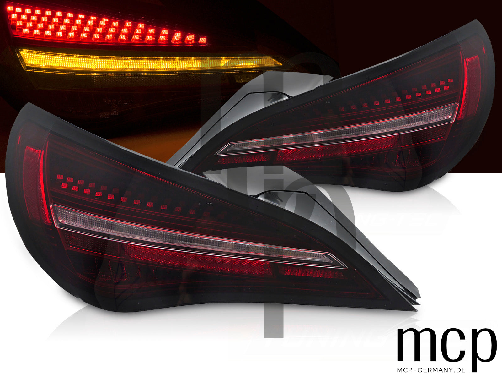 Voll LED Rückleuchten Set für Mercedes-Benz CLA C117 (2013 bis 2019) und X117 (2014 bis 2019) in Rot/Smoke mit Dynamischem Blinker und Welcome-Light-Funktion