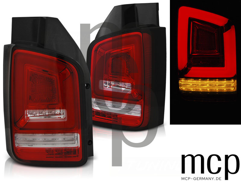 Voll LED Lightbar Rückleuchten Set für VW T5 Transporter mit Flügeltüren (05/03 bis 10/09) in Rot/Klar mit Dynamischem Blinker