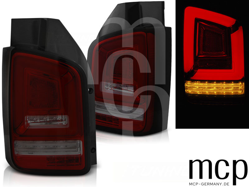 Voll LED Lightbar Rückleuchten Set für VW T5 Transporter mit Flügeltüren (04/03 bis 10/09) in Rot/Smoke mit Dynamischem Blinker