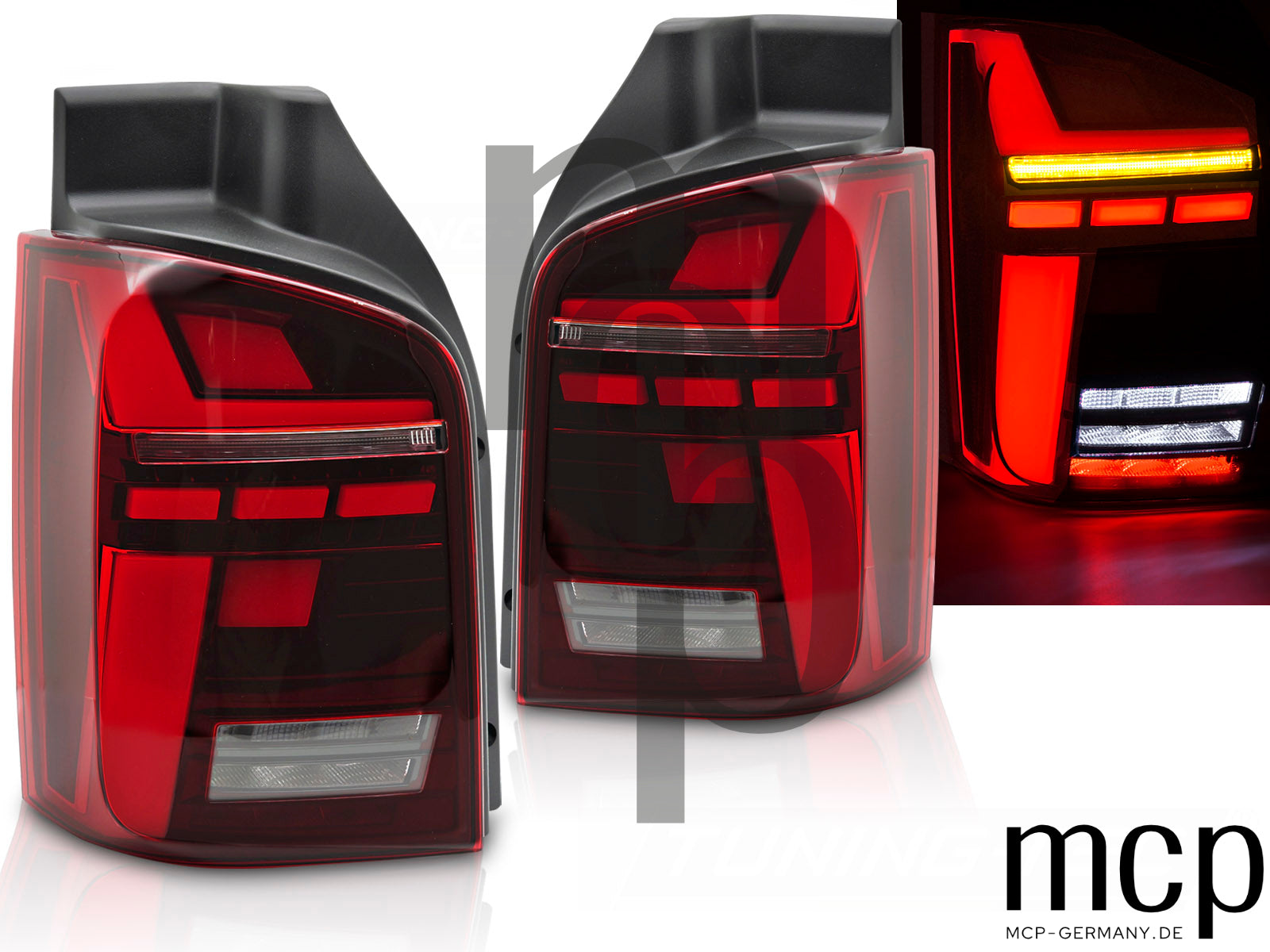 Voll LED Lightbar Rückleuchten Set für VW T5 (2003 bis 2015) in Rot mit Dynamischem Blinker und Welcome-Light-Funktion