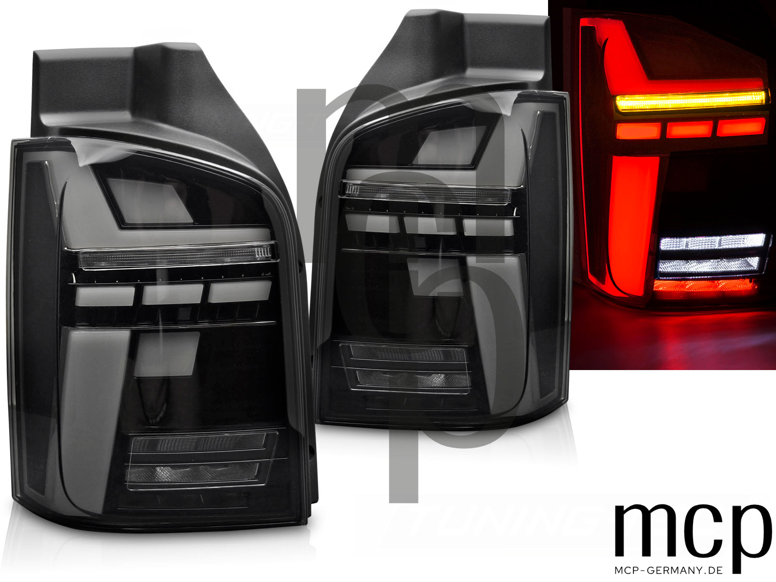 Voll LED Lightbar Rückleuchten Set für VW T5 (2003 bis 2015) in Smoke mit Dynamischem Blinker und Welcome-Light-Funktion