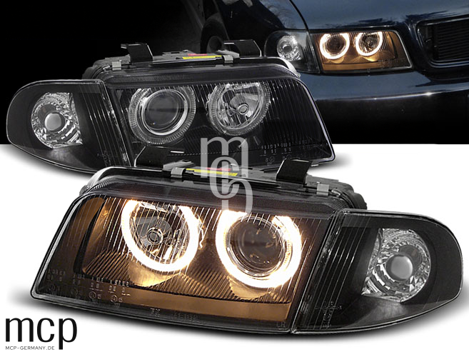 Audi A4 – schwarze Angel-Eyes-Scheinwerfer mit Einbauansicht