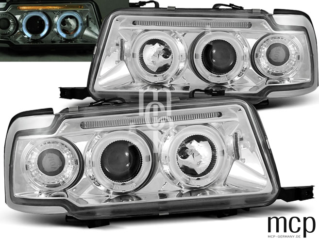 Angel Eyes Scheinwerfer Set für Audi 80 B4 (09/1991 bis 04/1996) in Chrom – zusätzliche Leuchtdetailansicht