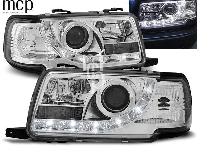 LED Tagfahrlicht Scheinwerfer Set für Audi 80 B4 (09/1991 bis 04/1996) in Chrom – zusätzliche Leuchtansicht