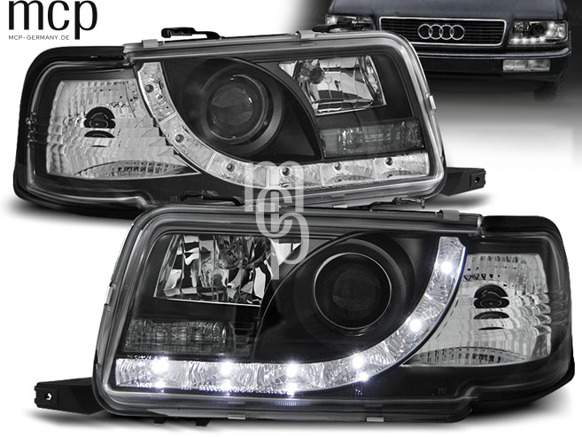 LED Tagfahrlicht Scheinwerfer Set für Audi 80 B4 (09/1991 bis 04/1996) in Schwarz – zusätzliche Leuchtansicht
