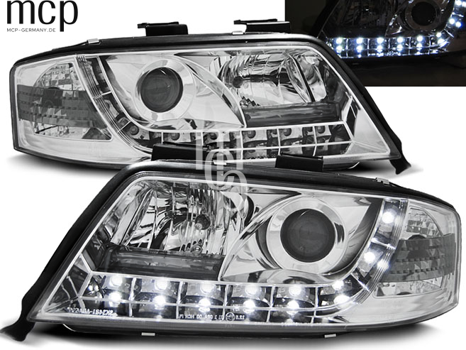 LED Tagfahrlicht Scheinwerfer Set für Audi A6 (06/2001 bis 05/2004) in Chrom – zusätzliche Leuchtansicht