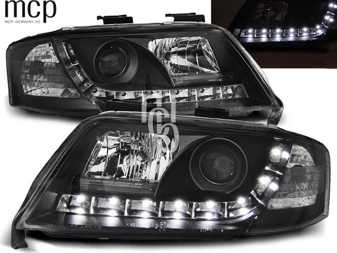 LED Tagfahrlicht Scheinwerfer Set für Audi A6 (06/2001 bis 05/2004) in Schwarz – zusätzliche Leuchtansicht