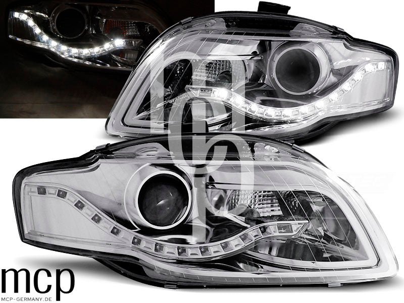 LED Tagfahrlicht Scheinwerfer Set für Audi A4 B7 (11/2004 bis 03/2008) in Chrom