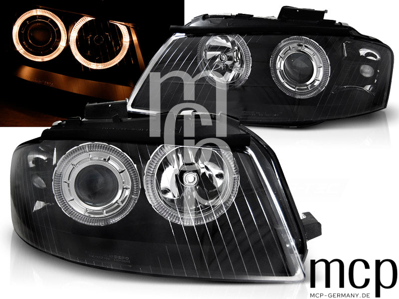 Angel Eyes Scheinwerfer Set für Audi A3 8P (05/2003 bis 03/2008) in Schwarz