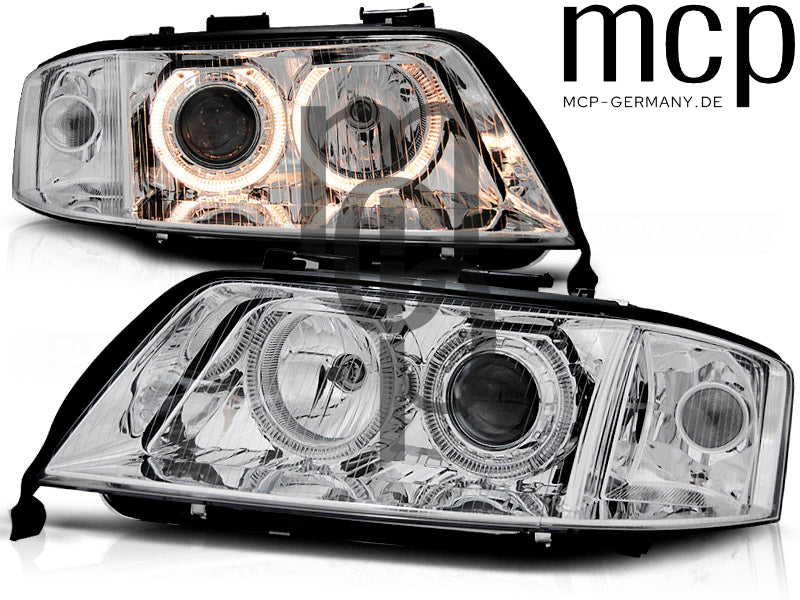 Xenon Angel Eyes Scheinwerfer Set für Audi A6 (2001 bis 2004) in Chrom