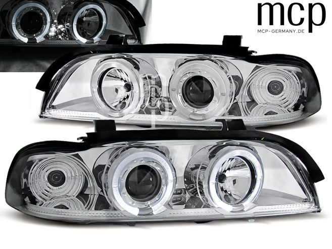 Angel Eyes Scheinwerfer Set für BMW 5er E39 (09/1995 bis 05/2003) in Chrom – Leuchtansicht