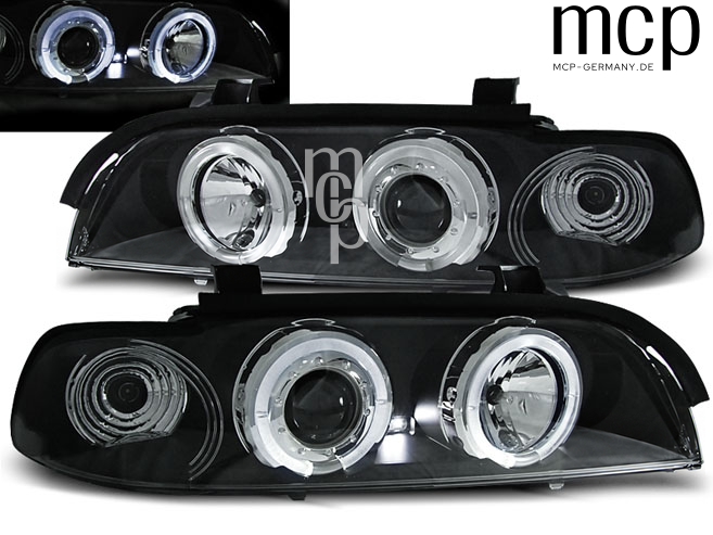 Angel Eyes Scheinwerfer Set für BMW 5er E39 (1995 bis 2003) in Schwarz – Leuchtansicht