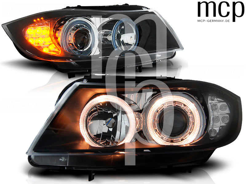 Angel Eyes Scheinwerfer Set für BMW 3er E90/E91 (03/2005 bis 08/2008) in Schwarz