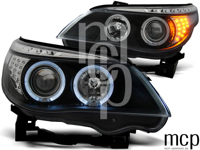 Angel Eyes Scheinwerfer Set für BMW 5er E60 Limousine / E61 Touring (2003 bis 2007) in Schwarz – weitere Produktansicht