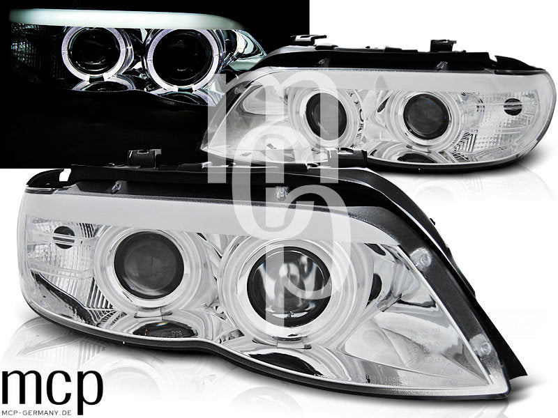 Xenon Angel Eyes Scheinwerfer Set für BMW X5 E53 (11/2003 bis 2006) in Chrom