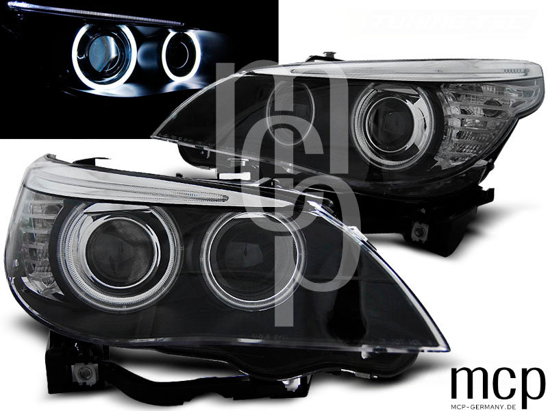 Xenon CCFL Angel Eyes Scheinwerfer Set für BMW 5er E60/E61 (2003 bis 2004) in Schwarz