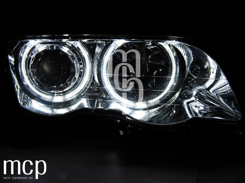 LED Angel Eyes Scheinwerfer Set für BMW 3er E46 Limousine / Touring (05/1998 bis 08/2001) in Chrom – Leuchtbild