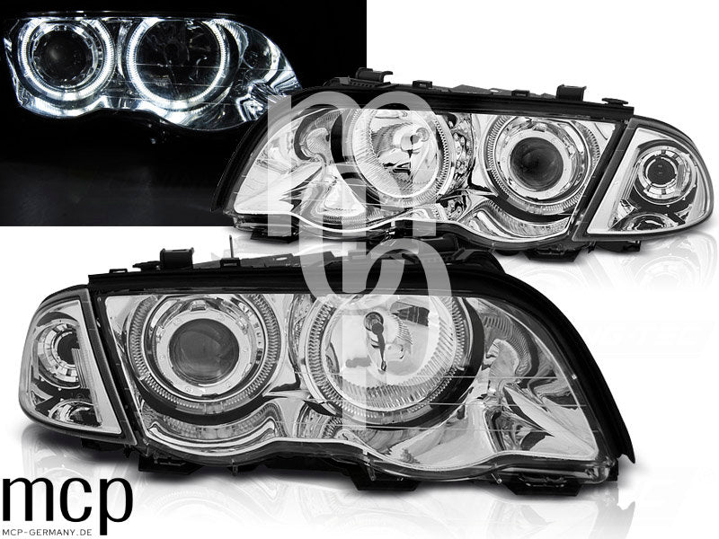 LED Angel Eyes Scheinwerfer Set für BMW 3er E46 Limousine / Touring (05/1998 bis 08/2001) in Chrom