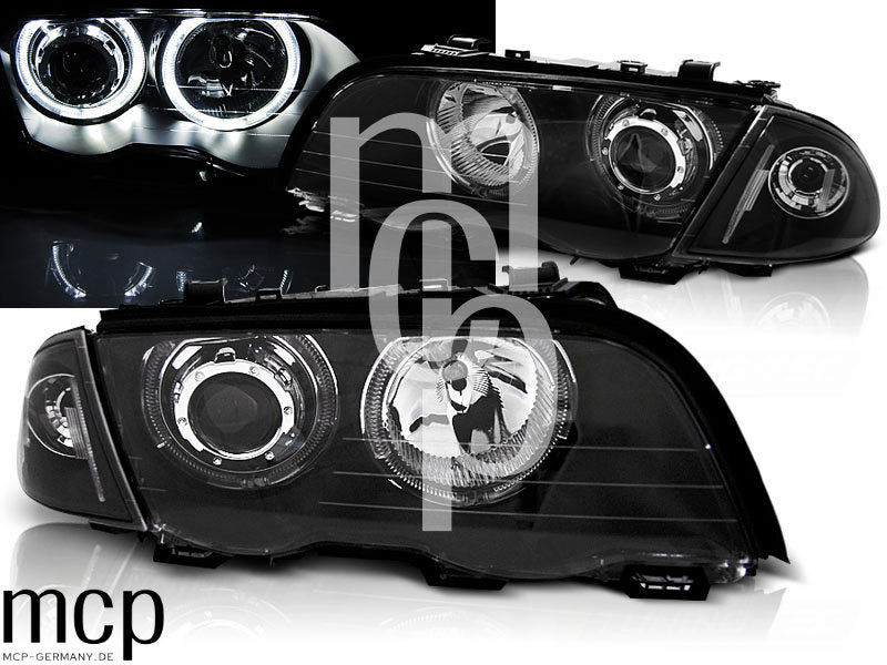 LED Angel Eyes Scheinwerfer Set für BMW 3er E46 Limousine / Touring (1998 bis 2001) in Schwarz