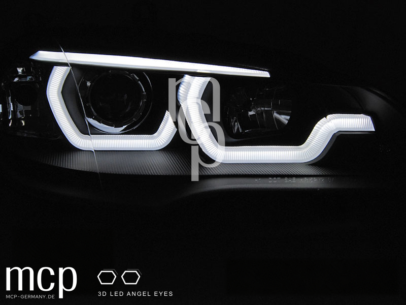 LED 3D Angel Eyes Scheinwerfer Set für BMW X5 E70 (2007 bis 2013) in Schwarz mit LED Tagfahrlicht – Leuchtbild