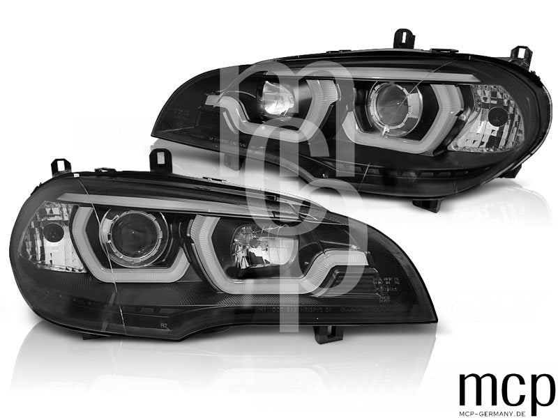 LED 3D Angel Eyes Scheinwerfer Set für BMW X5 E70 (2007 bis 2013) in Schwarz mit LED Tagfahrlicht