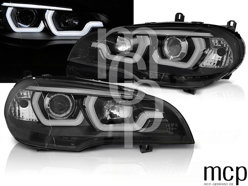 LED 3D Angel Eyes Scheinwerfer Set für BMW X5 E70 (2007 bis 2013) in Schwarz mit LED Tagfahrlicht