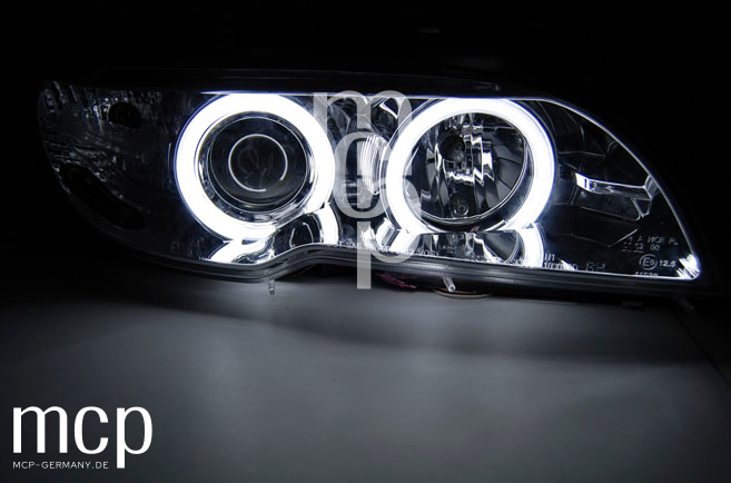 Xenon CCFL Angel Eyes Scheinwerfer Set für BMW 3er E46 Coupé / Cabrio (04/2003 bis 2006) in Chrom – CCFL-Leuchtbild