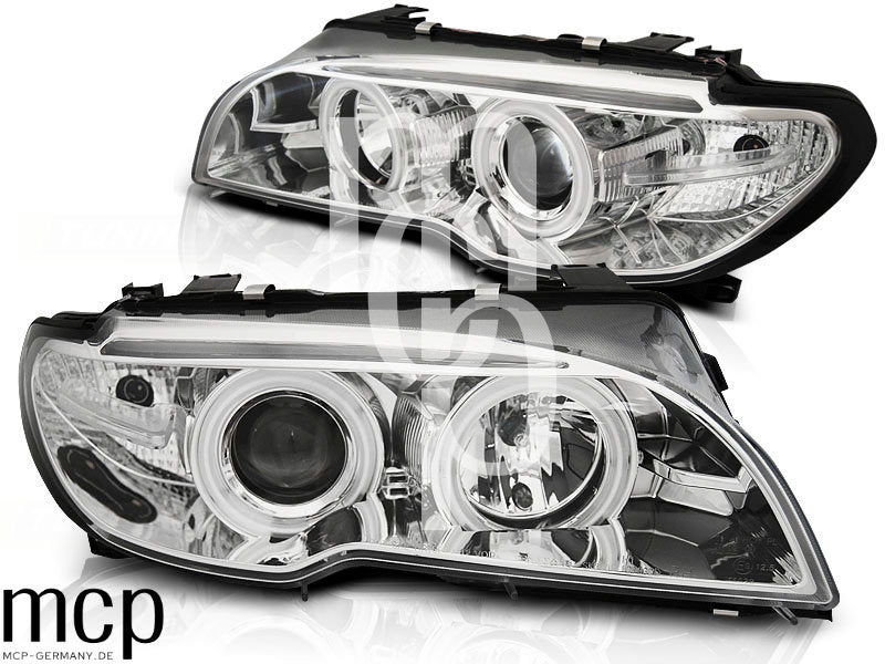 Xenon CCFL Angel Eyes Scheinwerfer Set für BMW 3er E46 Coupé / Cabrio (04/2003 bis 2006) in Chrom