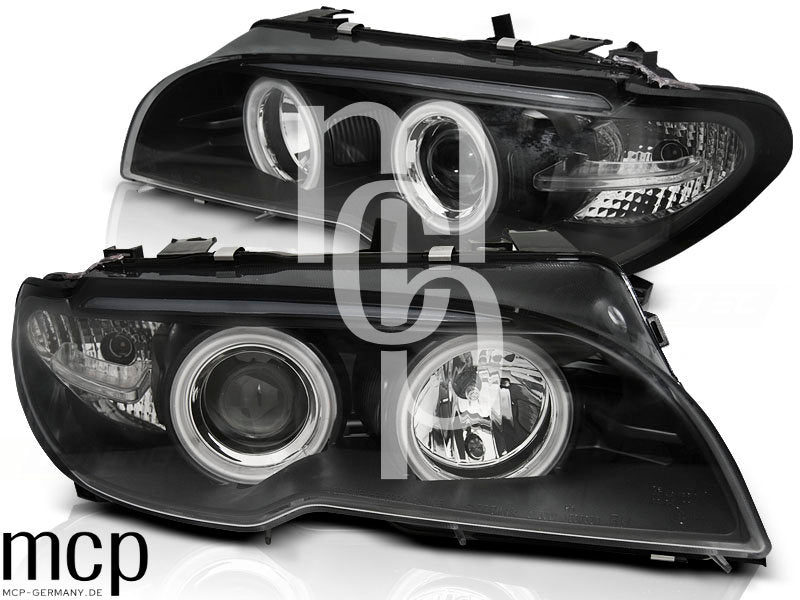 Xenon CCFL Angel Eyes Scheinwerfer Set für BMW 3er E46 Coupé / Cabrio (04/2003 bis 2006) in Schwarz