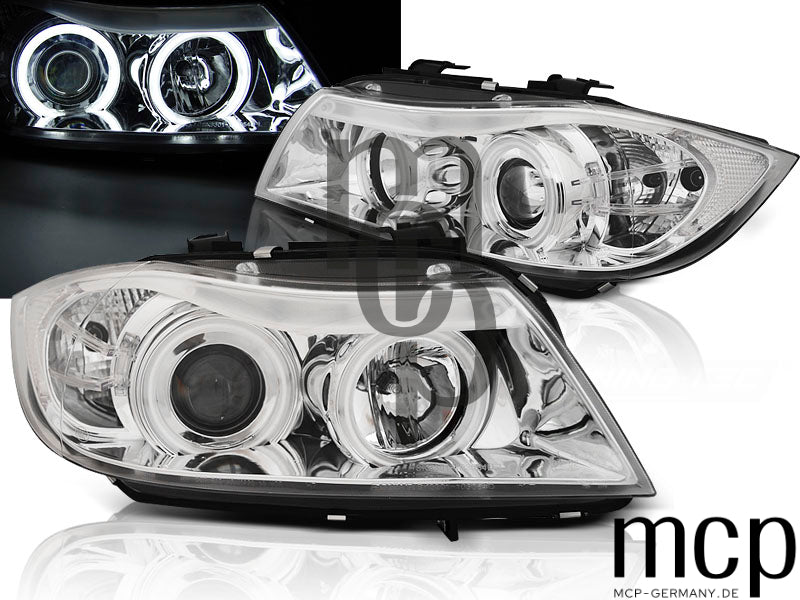 CCFL Angel Eyes Scheinwerfer Set für BMW 3er E90 Limousine / E91 Touring (03/2005 bis 08/2008) in Chrom