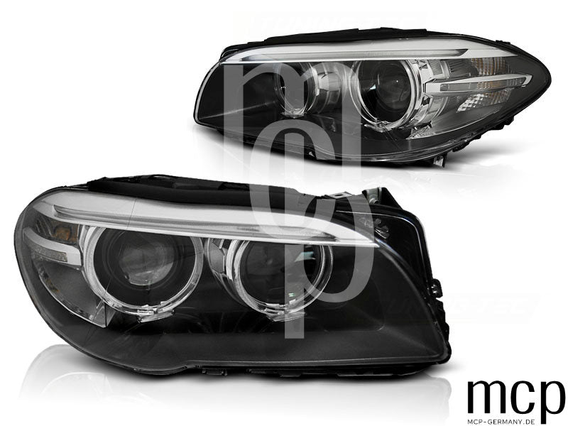 Xenon LED Angel Eyes Scheinwerfer Set für BMW 5er F10 F11 (2010 bis 07/2013) in Schwarz mit LED Tagfahrlicht