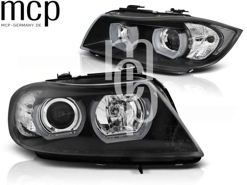 Xenon LED 3D Angel Eyes Scheinwerfer Set für BMW 3er E90 Limousine / E91 Touring (2005 bis 2008) in Schwarz
