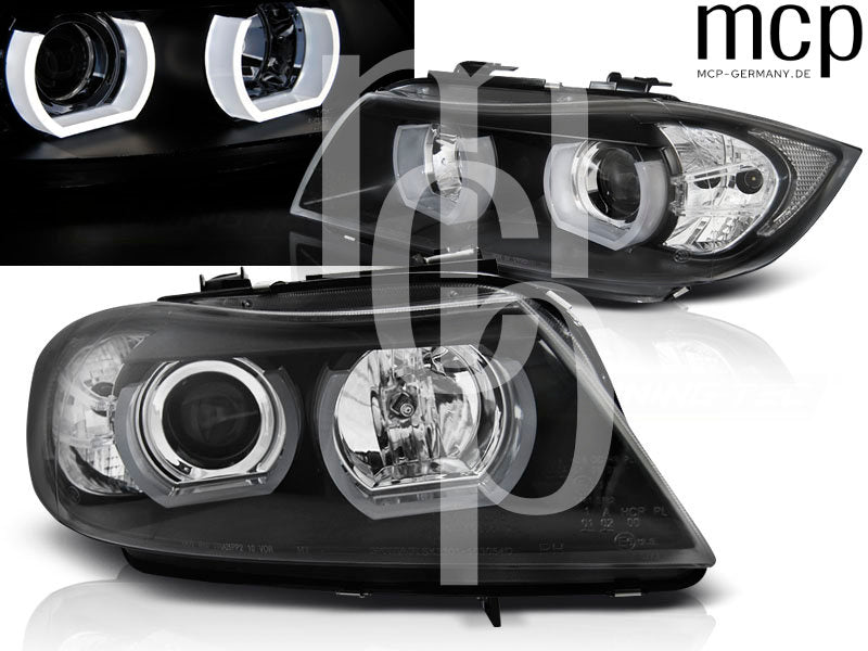 Xenon LED 3D Angel Eyes Scheinwerfer Set für BMW 3er E90 Limousine / E91 Touring (2005 bis 2008) in Schwarz