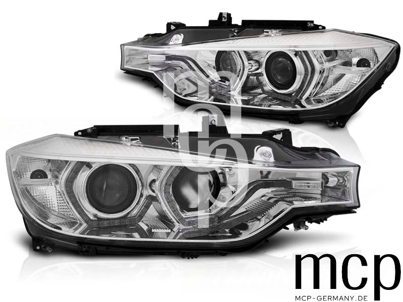 LED Angel Eyes Scheinwerfer Set für BMW 3er F30/F31 (10/2011 bis 05/2015) in Chrom mit LED Tagfahrlicht