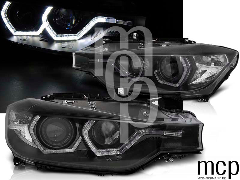 LED Angel Eyes Scheinwerfer Set für BMW 3er F30/F31 (10/2011 bis 05/2015) in Schwarz mit LED Tagfahrlicht
