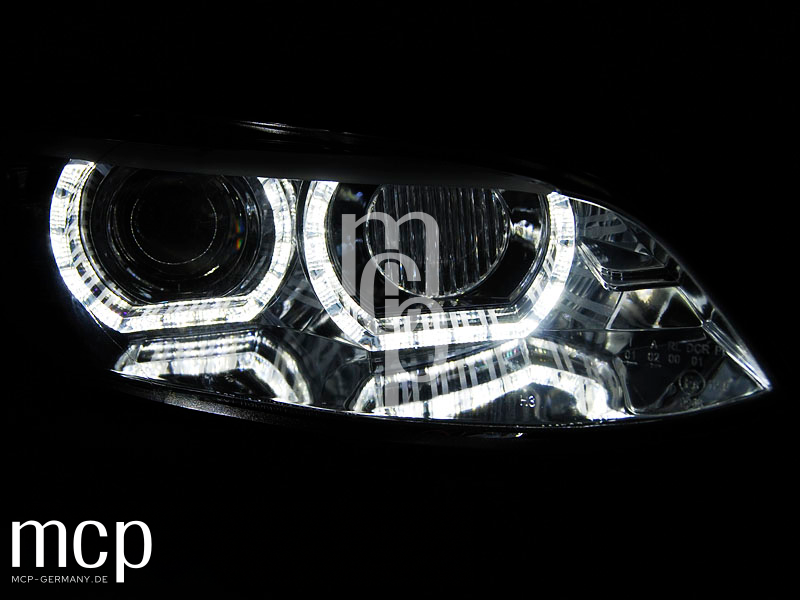 Xenon LED 3D Angel Eyes Scheinwerfer Set für BMW 3er E92 Coupé / E93 Cabrio (2006 bis 2010) in Chrom mit LED Tagfahrlicht – Leuchtbild