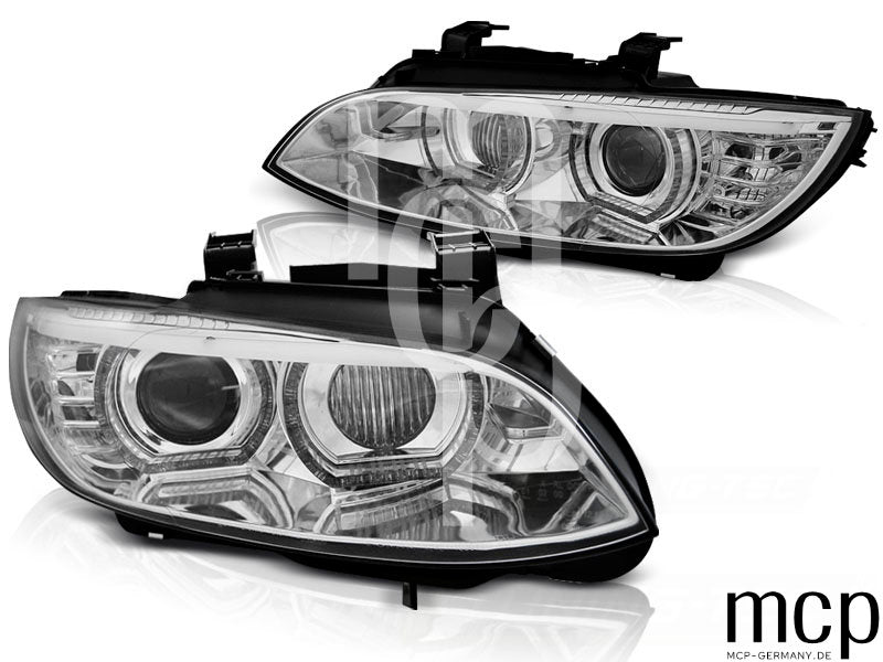 Xenon LED 3D Angel Eyes Scheinwerfer Set für BMW 3er E92 Coupé / E93 Cabrio (2006 bis 2010) in Chrom mit LED Tagfahrlicht